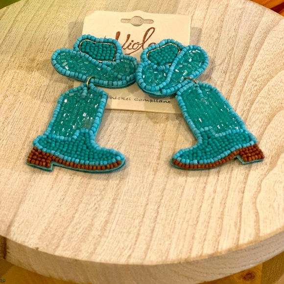 Beaded Cowboy Hat and Boot Earrings - Turquoise - Picture 5 of 5
